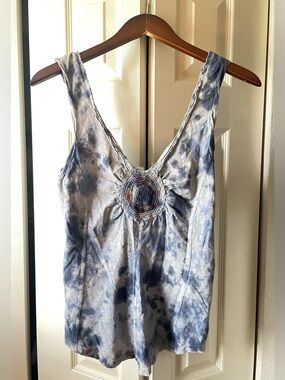 Free People Blue Tie-Dye Scoop Tank with Embroidered Medallion